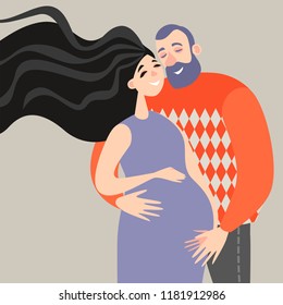 A nice couple is waiting for the birth of the baby. Pregnant woman with her husband. Vector illustration in cartoon style