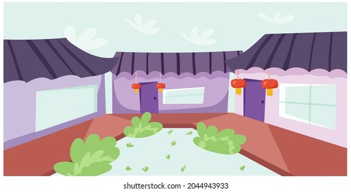 Bonito patio en china. Ilustración vectorial en estilo plano