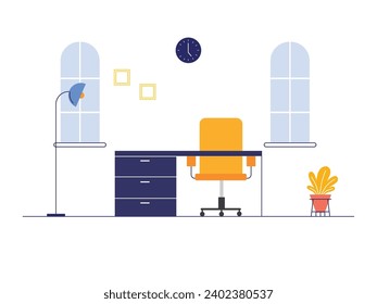 A nice and cozy office workspace, with modern interiors of desks, chair, lamp and potted plants. Character design. Vector flat illustration