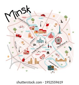 Nice cozy pink map of Minsk with interesting places and sights. Simple vector illustration