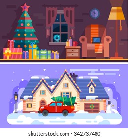 Nice cozy xmas interior with armchair, gifts and xmas tree. Winter landscape: snow covered house with car staying in front of it with fir on roof. Flat vector stock illustration. 