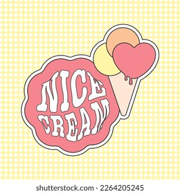 Nice cream wordplay typography and vector ice cream cone clipart set. Summer dessert 70s retro style image in beautiful pink and yellow colors. 