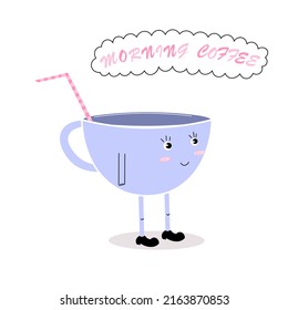 Buena taza de café con paja. Ilustración moderna de doodle para afiches, pancartas. Carácter infantil para los más pequeños.