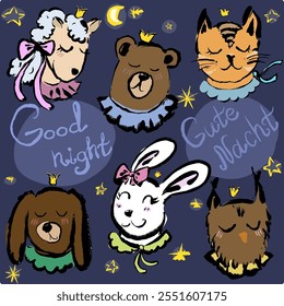 Nice and cute animals with closed eyes. Hand draw and hand written “good night” in German. Vector, isolated. Artistic with texture.