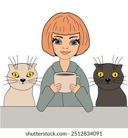 Nice cute beautiful girl with cup of coffee and cat vector illustration cartoon character 