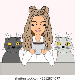 Nice cute beautiful girl with cup of coffee and cat vector illustration cartoon character 