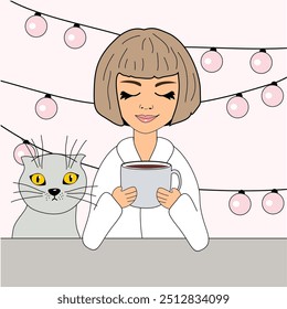 Nice cute beautiful girl with cup of coffee and cat vector illustration cartoon character 