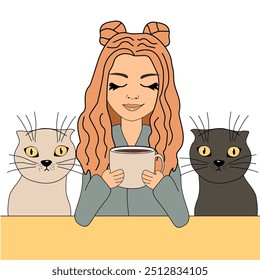 Nice cute beautiful girl with cup of coffee and cat vector illustration cartoon character 