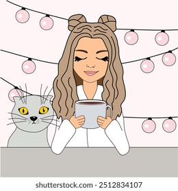 Bonita linda garota bonita com xícara de café e gato vetor ilustração personagem de desenho animado 
