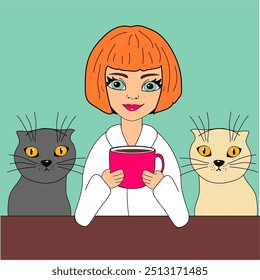 Nice cute beautiful girl with cup of coffee and cat vector illustration cartoon character 