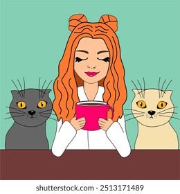 Nice cute beautiful girl with cup of coffee and cat vector illustration cartoon character 