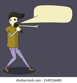 Nice cute cartoon man with microphone speaking character with text cloud