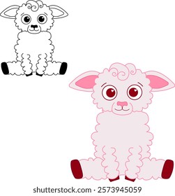 Nice cute cartoon vector sheep, graphic line illustration om transparent background