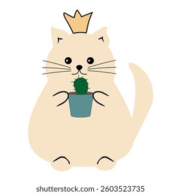 Nice cute cat with a cactus on white background vector illustration	