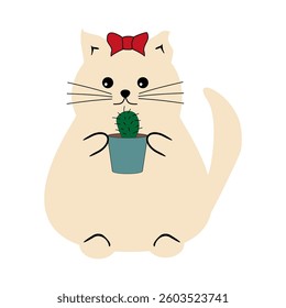 Nice cute cat with a cactus on white background vector illustration	
