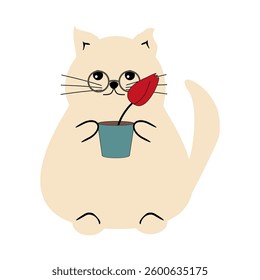 Nice cute cat with a flower on white background vector illustration 