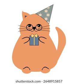 Nice cute cat in a holiday cap with present box on white vector illustration 
