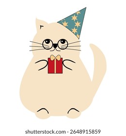 Bonito gato bonito em um gorro de férias com caixa presente na ilustração vetor branca 