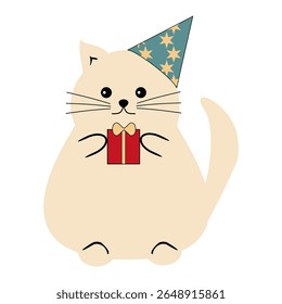 Bonito gato bonito em um gorro de férias com caixa presente na ilustração vetor branca 