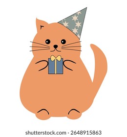 Bonito gato bonito em um gorro de férias com caixa presente na ilustração vetor branca 