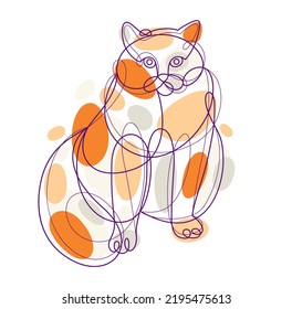 Nice cute cat linear vector illustration, line art drawing of pussycat relaxing, artistic outline minimal sketch of fat and lazy cat.