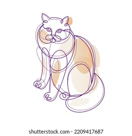Nice cute cat linear vector illustration, line art drawing of pussycat relaxing, artistic outline minimal sketch of fat and lazy cat.