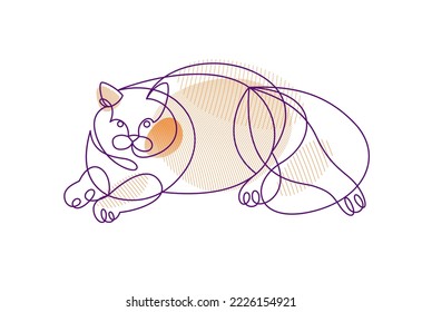 Schöne, süße Katzenkatze lineare Vektorgrafik, Linie Zeichnung von pussycat entspannend, künstlerische Umrisse minimale Skizze von Fett und faule Katze.