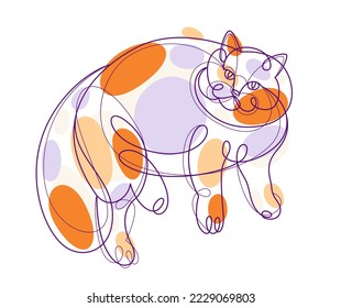 Nice cute cat linear vector illustration, line art drawing of pussycat relaxing, artistic outline minimal sketch of fat and lazy cat.