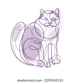 Nice cute cat linear vector illustration, line art drawing of pussycat relaxing, artistic outline minimal sketch of fat and lazy cat.
