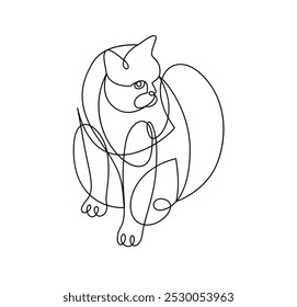 Bonito gato bonito ilustração vetor linear, desenho de arte de linha de pussycat relaxante, esboço artístico esboço mínimo de gato gordo e preguiçoso.