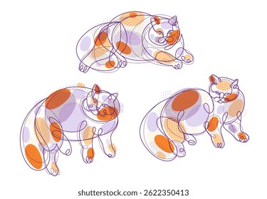 Bonito gato bonito linear vetor ilustrações conjunto, desenhos de arte de linha de pussycat relaxante, esboço artístico esboço mínimo de gatos gordos e preguiçosos.