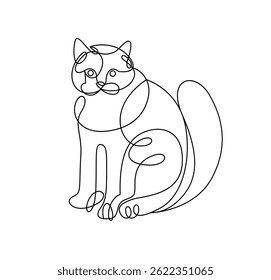 Nice cute cat linear vector illustration, line art drawing of pussycat relaxing, artistic outline minimal sketch of fat and lazy cat.