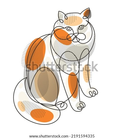 Nice cute cat linear vector illustration, line art drawing of pussycat relaxing, artistic outline minimal sketch of fat and lazy cat.