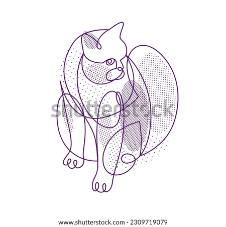 Nice cute cat linear vector illustration, line art drawing of pussycat relaxing, artistic outline minimal sketch of fat and lazy cat.