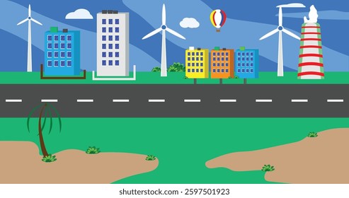 a nice cute city building a road with wind turbine cool cartoon background vector art design