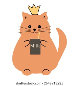 Bonito gato gordo bonito com caixa de leite sobre fundo branco vetor ilustração