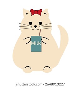 Nice cute fat cat with carton of milk on white background vector illustration