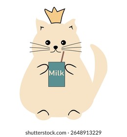 Bonito gato gordo bonito com caixa de leite sobre fundo branco vetor ilustração