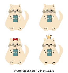 Bonito gato gordo bonito com caixa de leite sobre fundo branco vetor ilustração