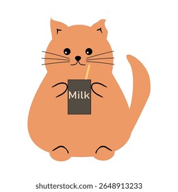Bonito gato gordo bonito com caixa de leite sobre fundo branco vetor ilustração