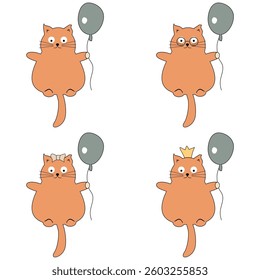 Nice cute fat funny cat with balloon flying on white background vector illustration