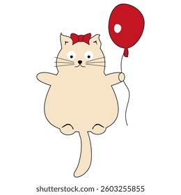 Nice cute fat funny cat with balloon flying on white background vector illustration