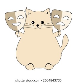 Nice cute fat funny cat with theatre mask on white background isolated vector illustration