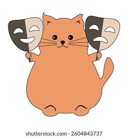 Nice cute fat funny cat with theatre mask on white background isolated vector illustration