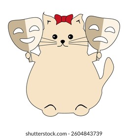 Nice cute fat funny cat with theatre mask on white background isolated vector illustration