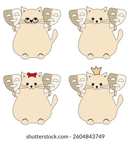 Nice cute fat funny cat with theatre mask on white background isolated vector illustration
