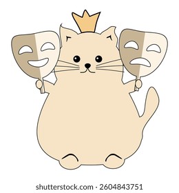 Nice cute fat funny cat with theatre mask on white background isolated vector illustration