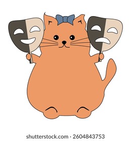 Nice cute fat funny cat with theatre mask on white background isolated vector illustration