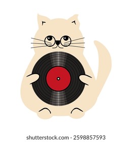 Nice cute funny fat cat with vinyl record on white background vector 