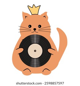 Nice cute funny fat cat with vinyl record on white background vector 